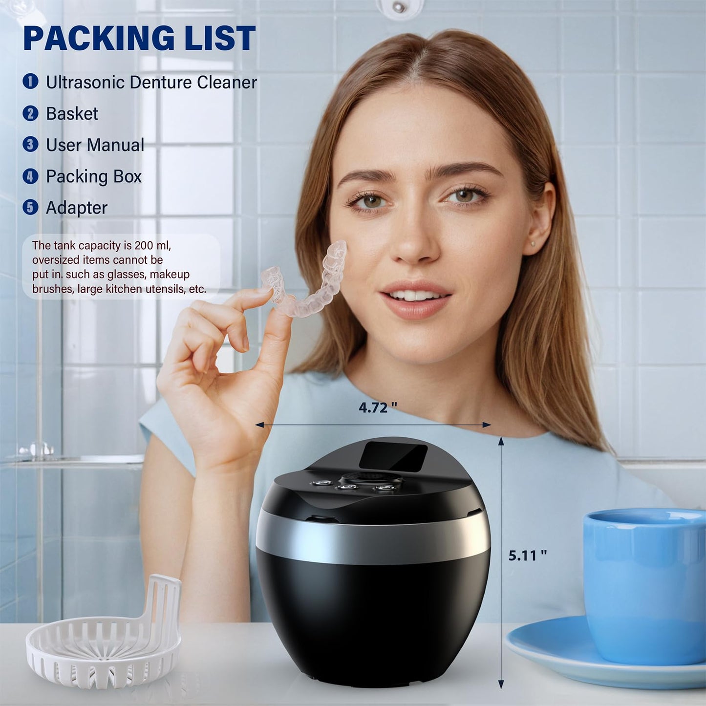 Ultrasonic Retainer Cleaner, 200ML Denture Cleaner for Mouthguard, Aligner, Brace, Night Guard and Dental Appliance with 4 Modes, 45kHz Jewelry Cleaner for Rings, Dental Cleaning Pod with Basket
