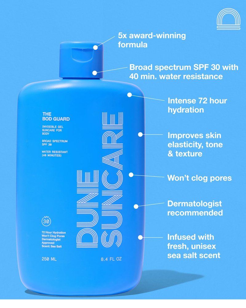DUNE SUNCARE The Bod Guard - Award-Winning Clear Invisible Gel Body Sunscreen - Broad Spectrum SPF 30 Protection, 72 Hour Hydration, 40 Mins. Water Resistant, Reef Friendly, Non-Greasy (8.4 Fl Oz)