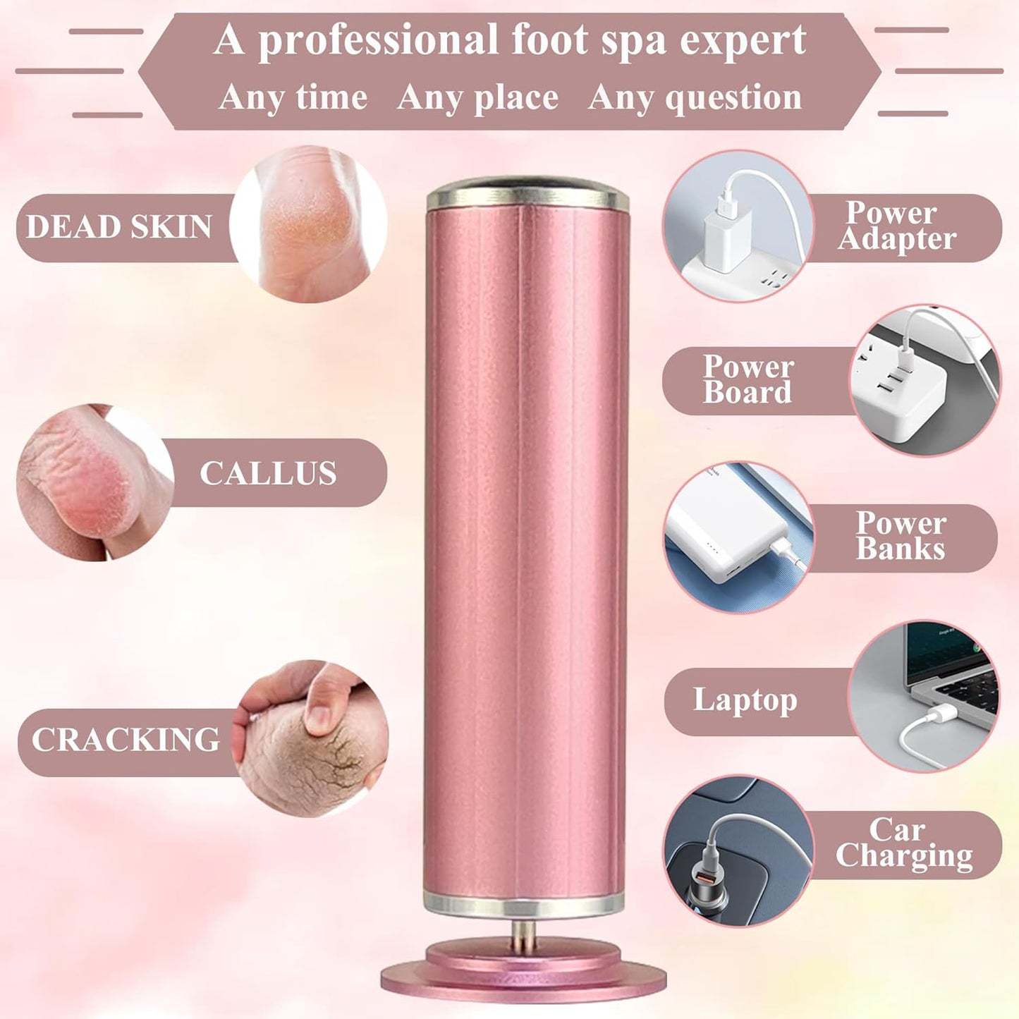 Electric Callus Remover - USB Powered Foot File with Speed Controller & 60 Replacement Sandpaper Disks | Pink