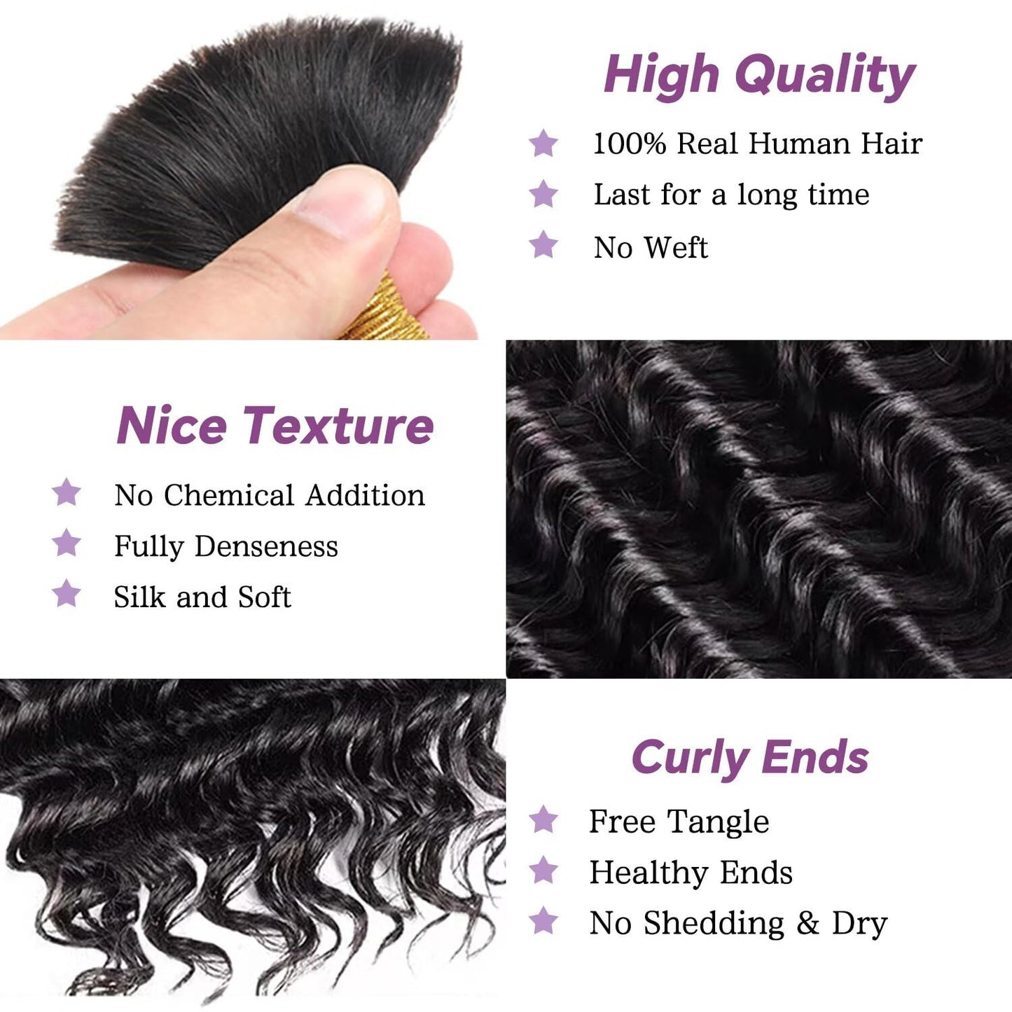 Afihond Human Braiding Hair For Boho Braids Deep Water Wave Bulk Human Hair for Braiding 12A Wet and Wavy Curly 100% Human Hair Extensions 3 Bundles 110g Natural Color 16inch