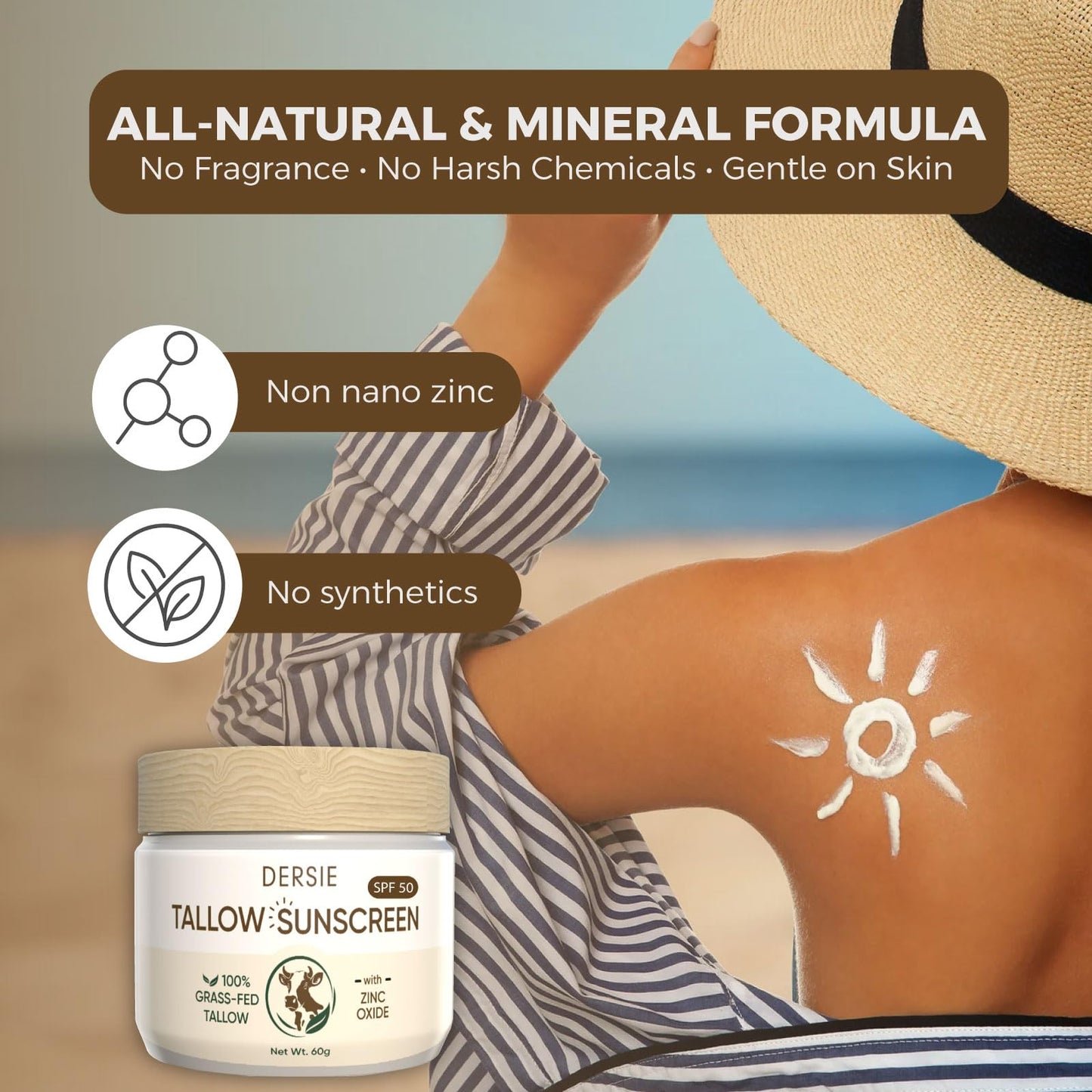 Dersie Tallow Sunscreen SPF 50 – Mineral UV Defense with Non-Nano Zinc Oxide – Face & Body Sun Protection for Adults & Kids – 100% Grass-Fed Beef Tallow for Moisture Retention & Skin Comfort (2.1 oz)