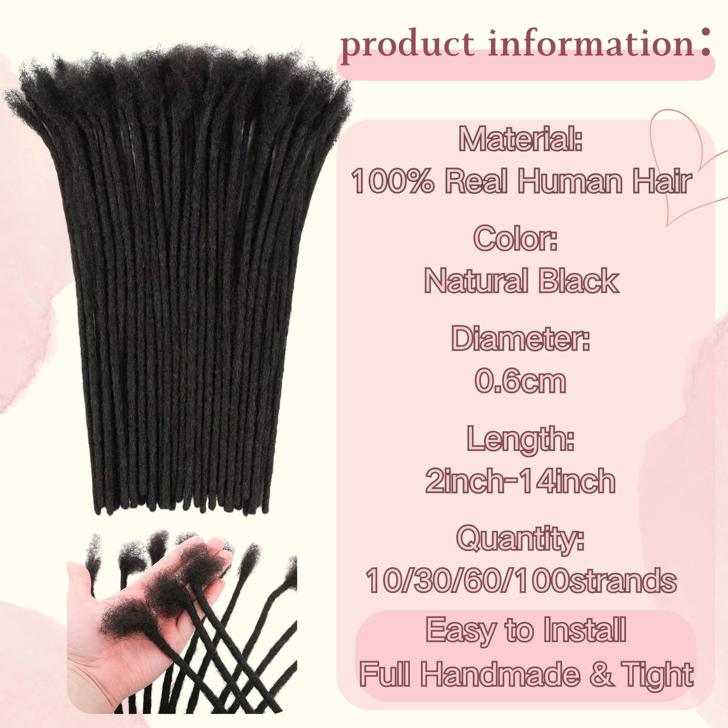 10 Inch 0.6cm Thickness Loc Extensions Human Hair 30 Strands Dreadlock Extensions Real Human Hair For Women Men Kids 100% Full Handmade Permanent Locs Extensions Can Be Dyed And Bleached(Natual Black)