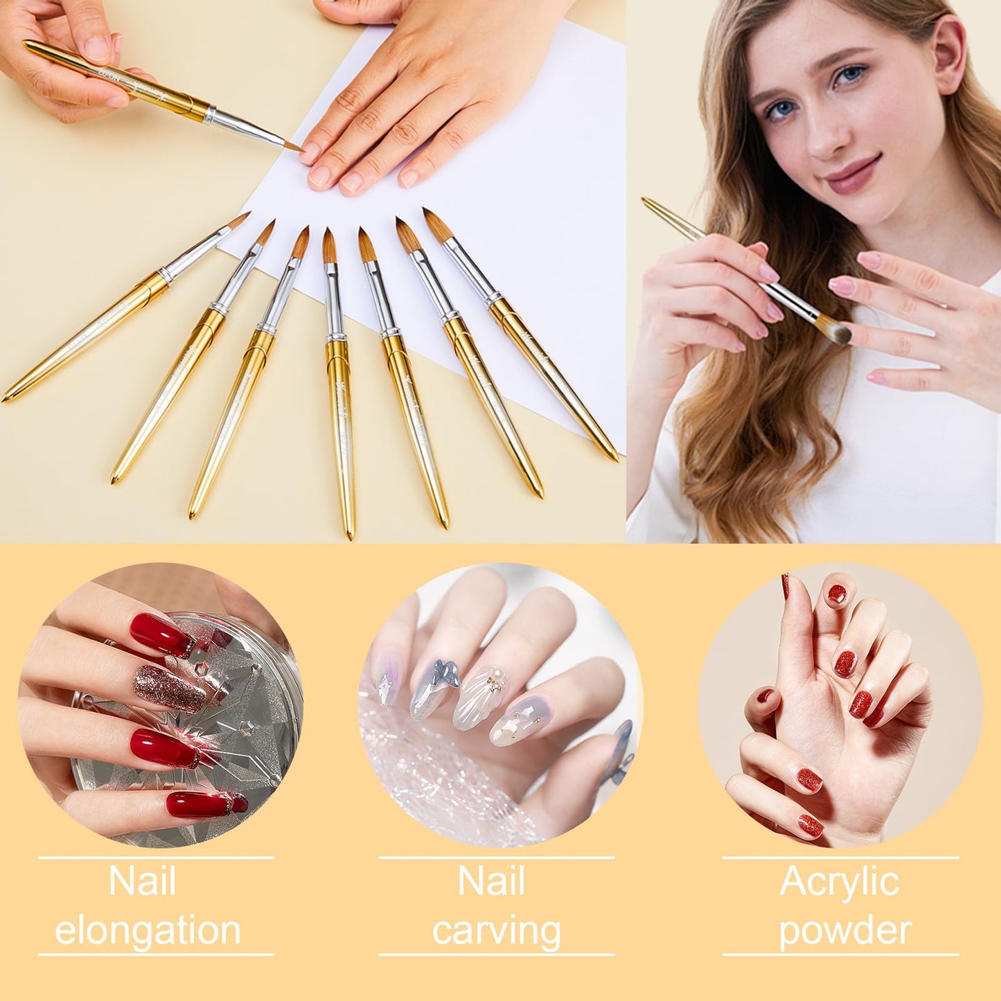 KEMEISI Acrylic Nail Brush Set, Size 02/06/08/10/12/16 Kolinsky Nail Art Brushes for Acrylic Application, Sturdy Handle Oval Shaped Acrylic Powder Nail Design Tools for Professional Manicure DIY Home