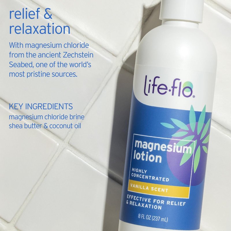 LIFE-FLO Magnesium Lotion and Pure Magnesium Oil Spray Bundle - with Magnesium Chloride from The Zechstein Seabed - 100% Magnesium Oil for Feet and Body and Unscented Lotion (8 Oz Pack of 2, Vanilla)