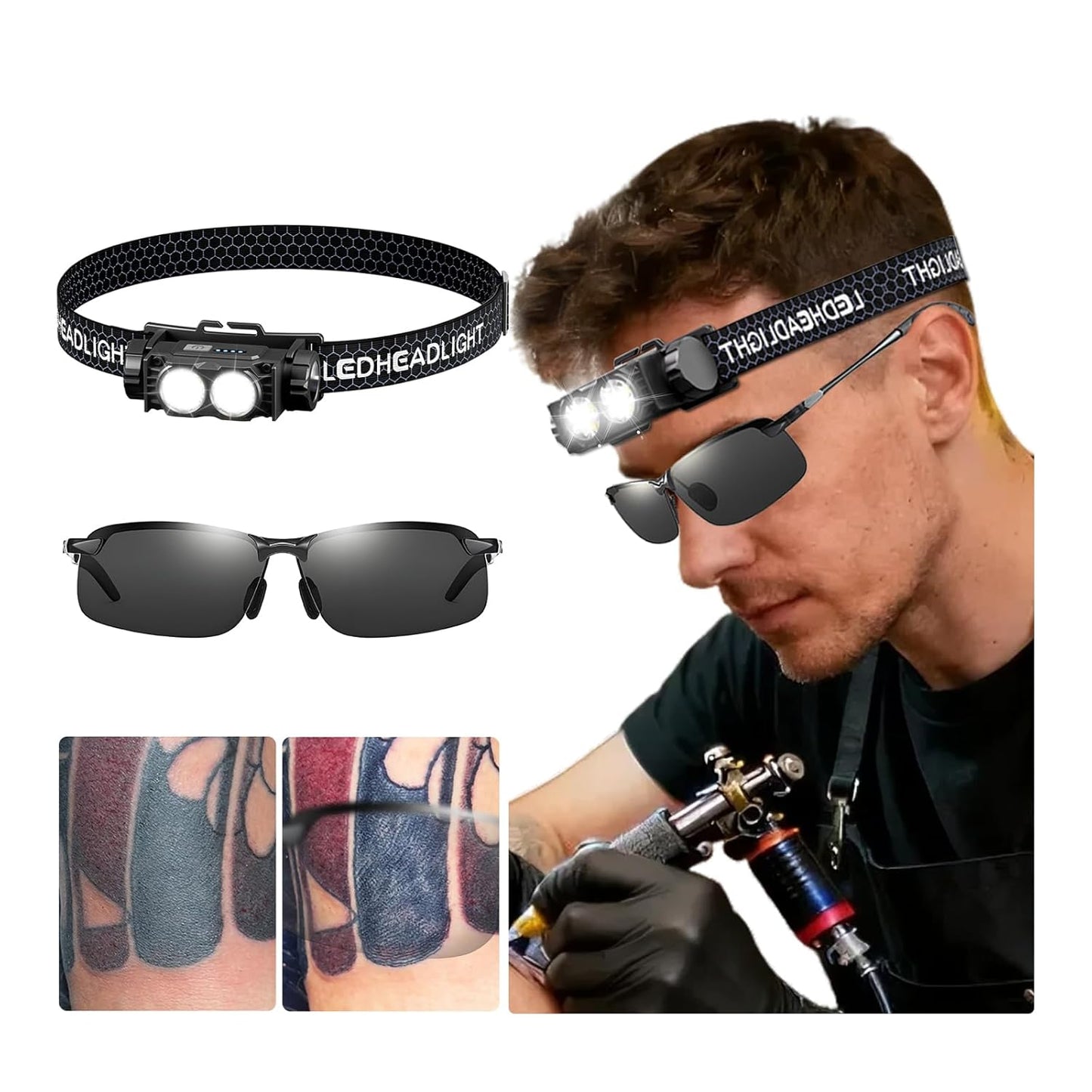 LED Tattoo Work Light Kit - Polarized Headlamp & Vision Glasses for Artists | Touch Up Tattoo Colors
