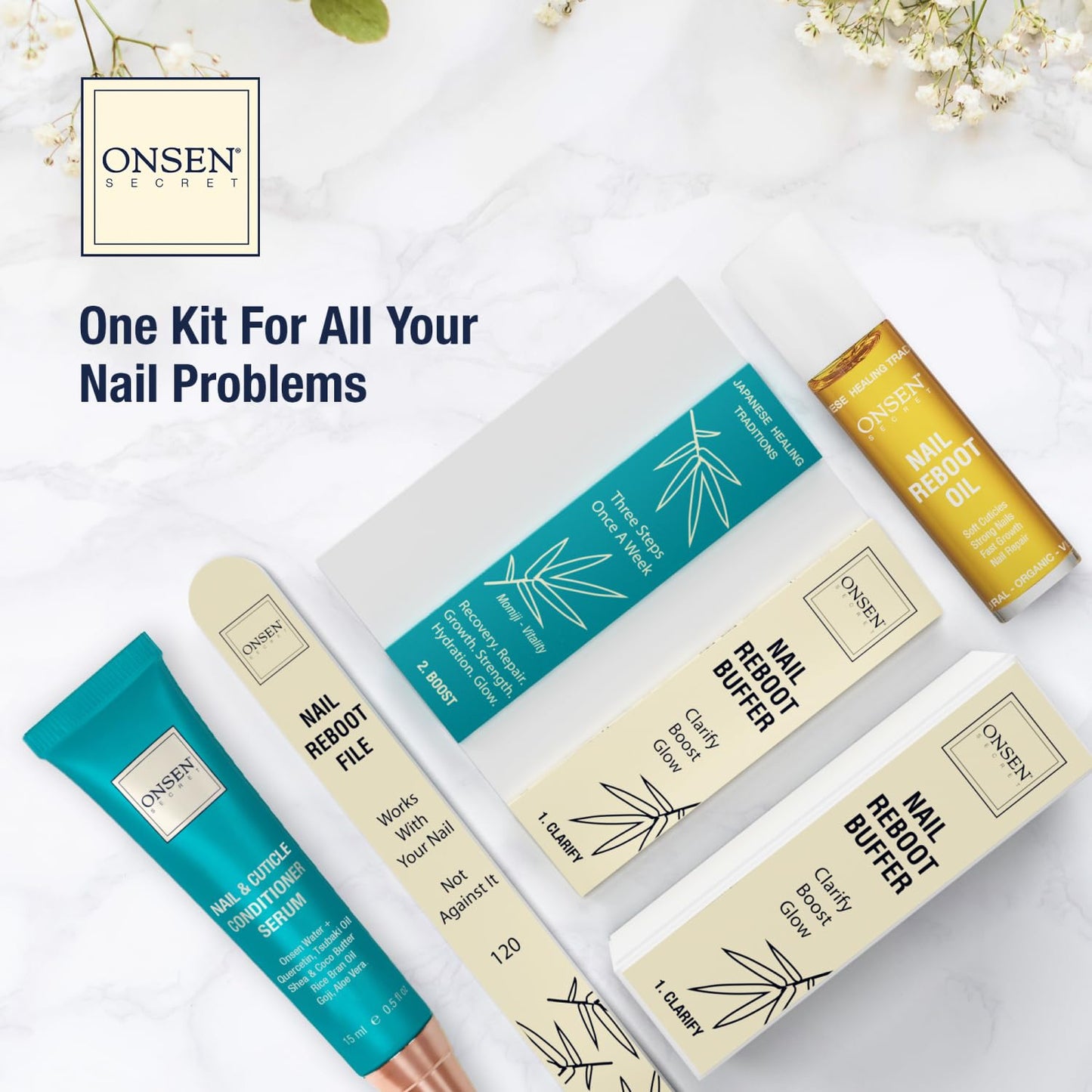 Onsen Secret Complete Nail Reboot Kit w/Cuticle Oil 10ml, Nail File 120/180 Grit Double Sided, A 3-Way Buffer Block & Cuticle Serum-15ml in Action | Super Value Pack
