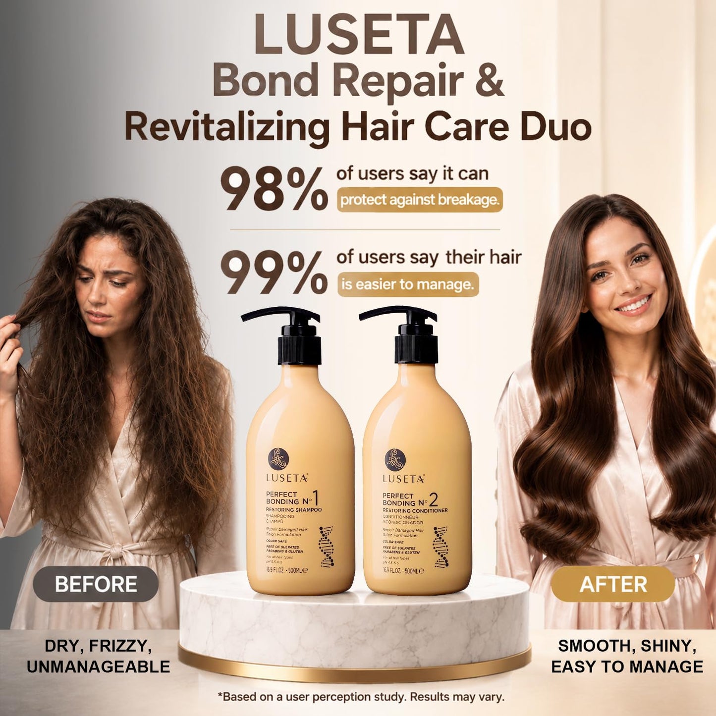 LUSETA Bond Repair & Revitalizing Shampoo and Conditioner Set for Chemically Damaged Hair. Deep Moisture to Smooth Frizz & Add Shine. Strengthens Hair Structure with Rosemary & Marula Oils, 2x16.9 oz