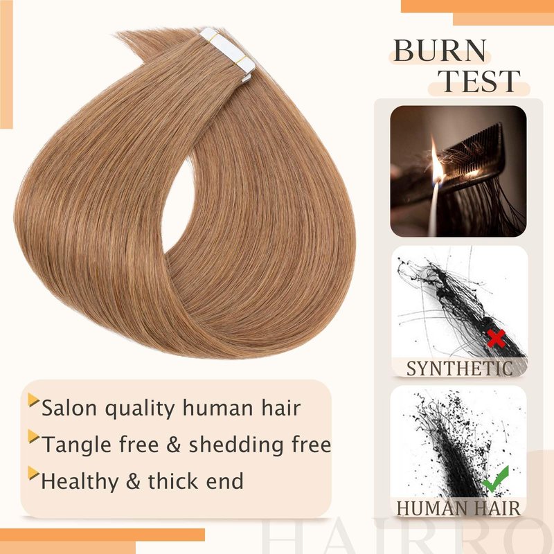 Hairro Tape In Real Human hair Extension Glue In Skin Weft Hair Extensions Rooted Tape in Hair Seamless Invisible Double Sided Tape Human Hair Extensions For Women 20 inch 30g 20pcs #06 Light Brown