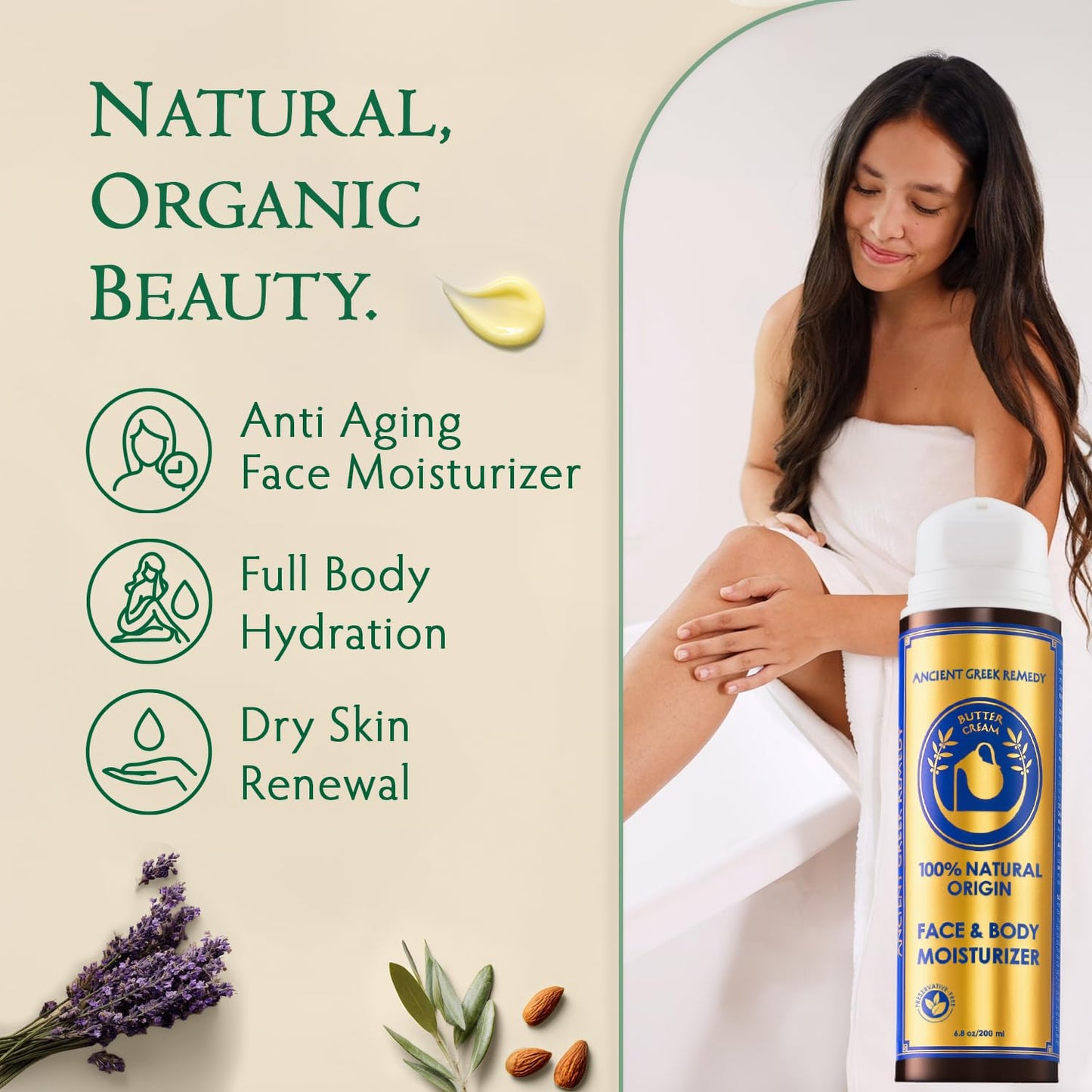 Ancient Greek Remedy Organic Face Moisturizer for Dry Skin 6.8 oz - Anti Aging Face & Body Butter Cream - Almond, Jojoba, Olive, Rosehip, Vitamin E, Lavender Oil. Natural Lotion for Women & Men