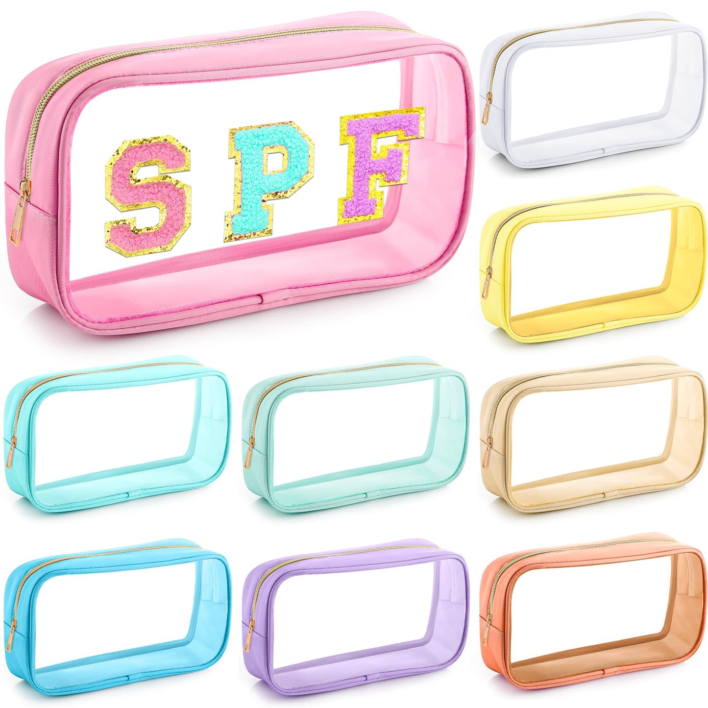 Cunno 9 Pcs Preppy Clear Makeup Bag DIY Chenille Letter Pouch Large Nylon Makeup Bag Travel Toiletry Zipper Cosmetic Organizer Pouch PVC Bags for Women, 9.5 x 5.1 x 2.8 Inch(Colorful)