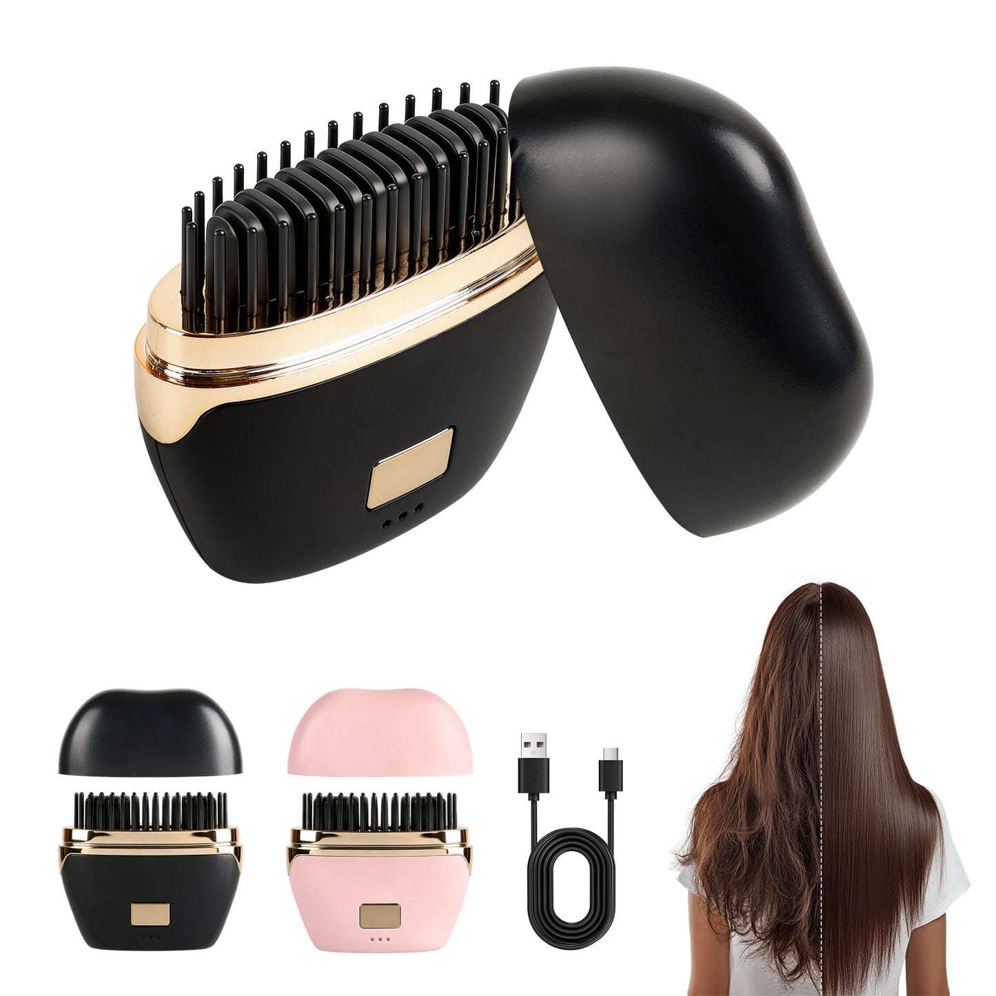 Mini Hair Straightener,Rechargeable Wireless Portable Hair Straightener Brush,Fast Heating Hot Comb，3-Speed Temperature Control，Anti Scald Shell, Lightweight and Portable for Home Travel Gift (Black)