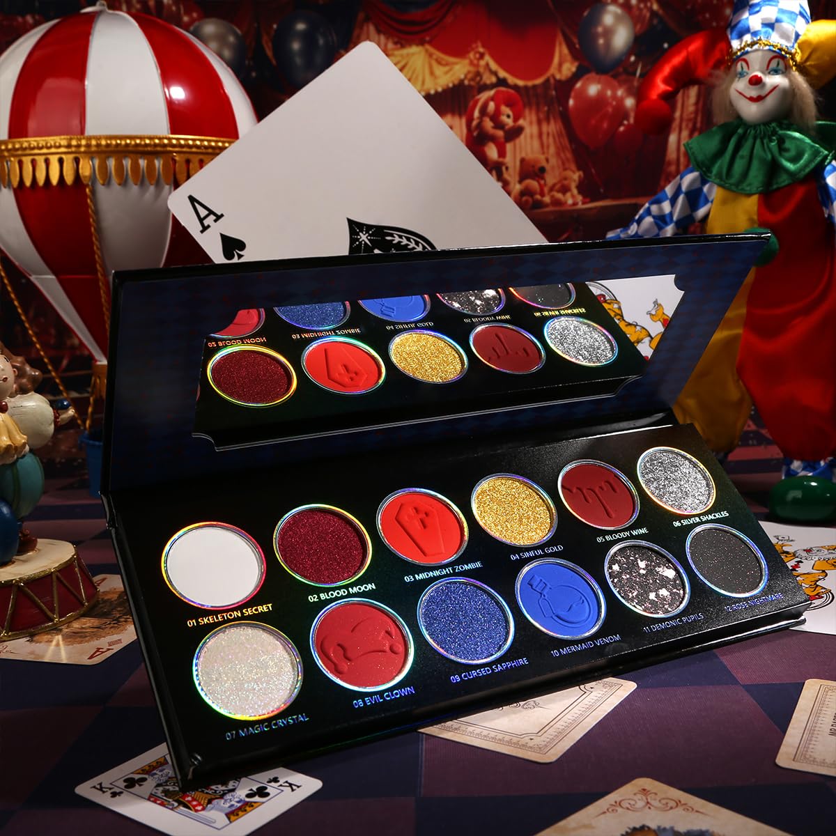 DE'LANCI Red Blue Multichrome Eyeshadow Palette, High Pigment Metallic Silver Shimmer Eyeshadow for Goth, Clown/Joker Smoky Makeup, Longwear Vegan Chameleon Iridescent Black Halloween Cosplay Party