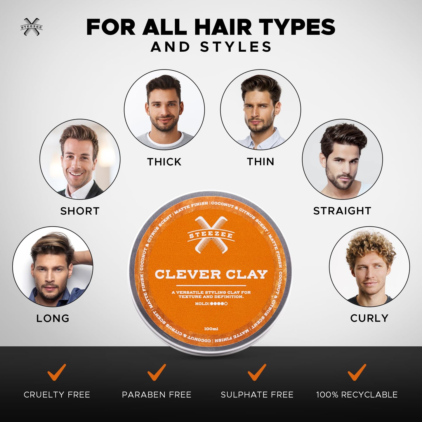 Steezee Clever Clay - Natural Finish Styling Hair Clay for Men - All Hair Types - Reworkable All Day Hold- Cruelty Free- Paraben & Sulphate Free, 3.4 oz