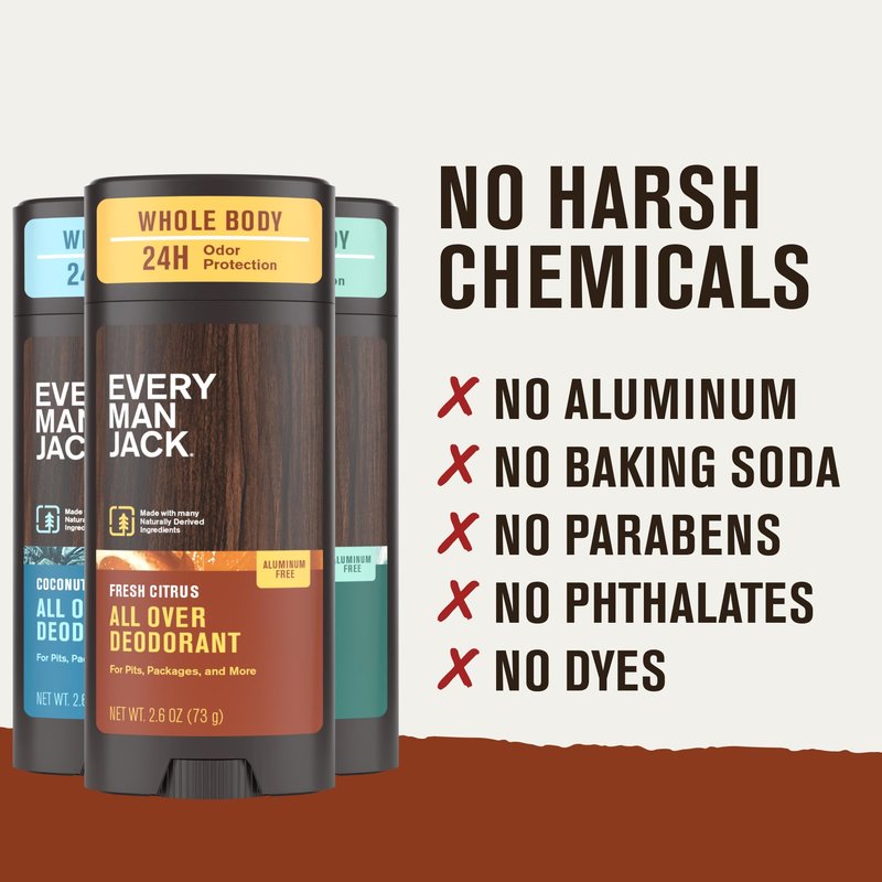 Every Man Jack All Over Deodorant Variety Pack - 24 Hour Whole Body Odor Protection - Aluminum Free - 1 Each of Fresh Citrus, Coastal Surf, and Coconut Vanilla Scents - 2.6 oz (3 Pack)