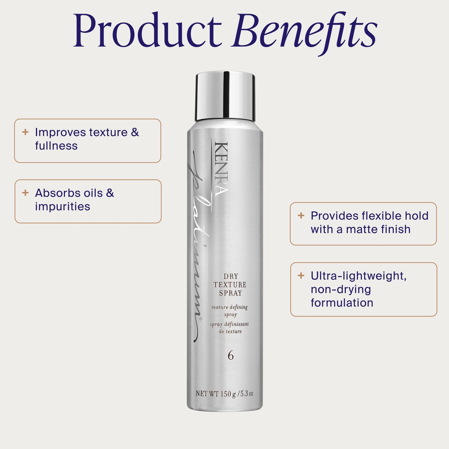 Kenra Platinum Dry Texture Spray 6 | Defining Styler | Increases Fullness | Absorbs Oils & Impurities | Ultra-Lightweight, Non-Drying Formulation | All Hair Types | 5.3 oz