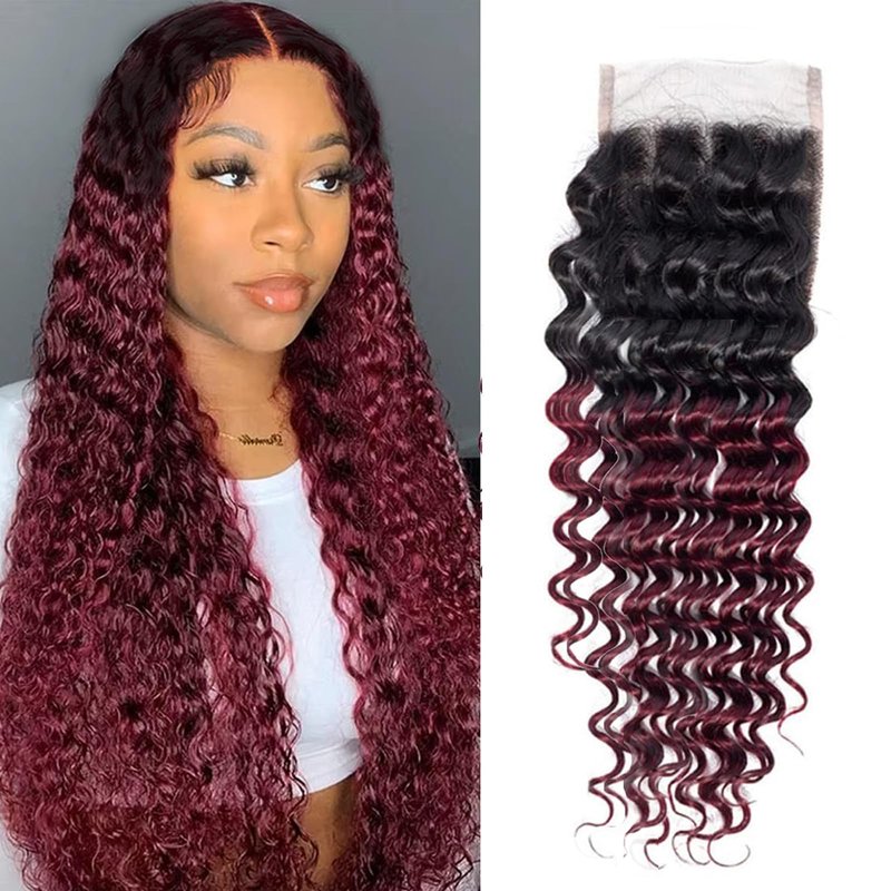 1b99j Burgundy Deep Wave Ombre Closure 4x4 Transparent Lace Closure Human Hair Unprocessed Brazilian Virgin Remy Hair High Density 2 Tone 1b/99j Wet And Wavy Deep Curly 18 Inch
