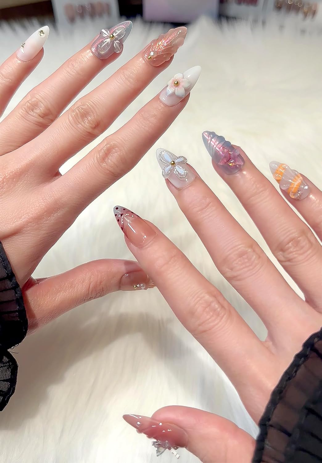 3D Sea Shell Press-On Nails - Handmade Medium Almond Beach Nail Art with Butterflies (L Size)