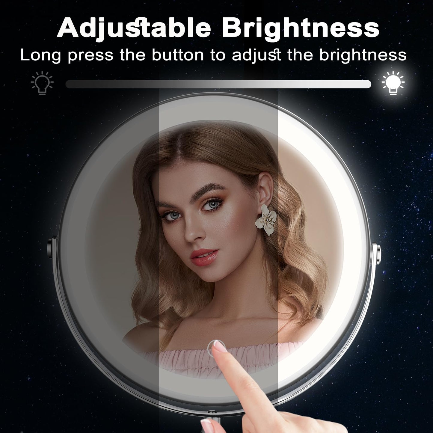 AMZNEVO Lighted Makeup Mirror, 9" Rechargeable Vanity Mirror with Lights, Double-Sided 1X/10X Magnification, 3 Color Lights, Brightness Adjustable, 360° Rotation
