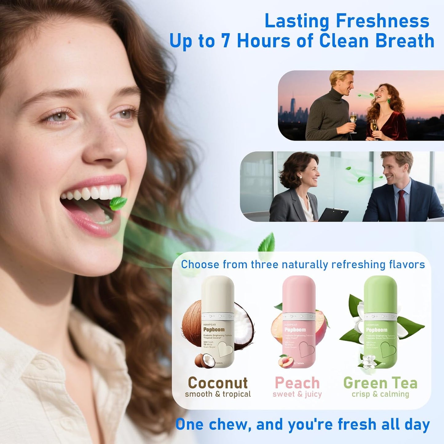 Probiotic Mouthwash Tablets - Travel Size Oral Care for Fresh Breath | Coconut, Green Tea & Peach (105 Tablets)