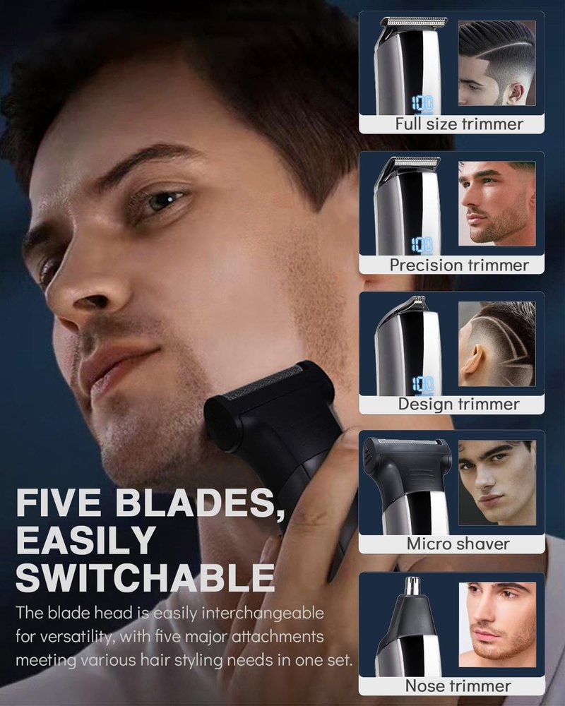 E-Hunter Beard Trimmer for Men - 5 in 1 Kit Electric Razor, Nose Hair Trimmer with LED Display, Cordless Mustache Body Face Grooming Kit, Rechargeable Beard Shaver (Aluminum)