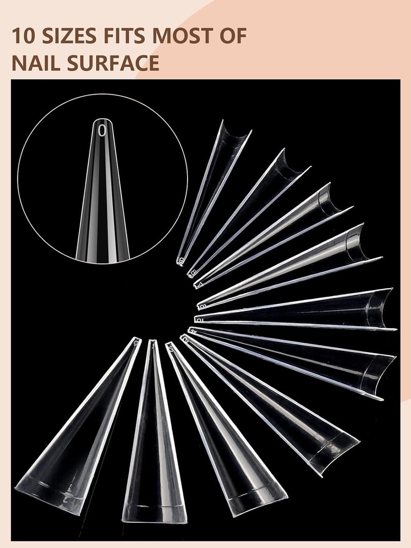Stiletto Nail Tips - 500 Pcs XL Long Clear Acrylic False Nails | Half Cover Tapered Square for DIY Nail Art (10 Sizes)