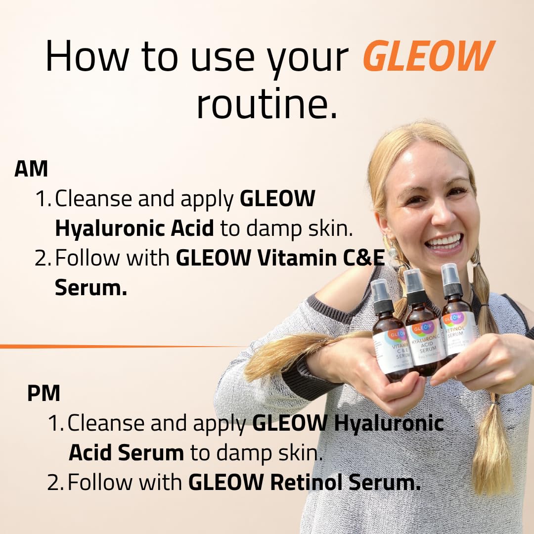 GLEOW Skincare Set: Retinol, Vitamin C, and 99% Hyaluronic Acid Serum, Face Serum Set Targets Appearance of Uneven Skin and Dryness, Total Package Serum Set 3x1 oz