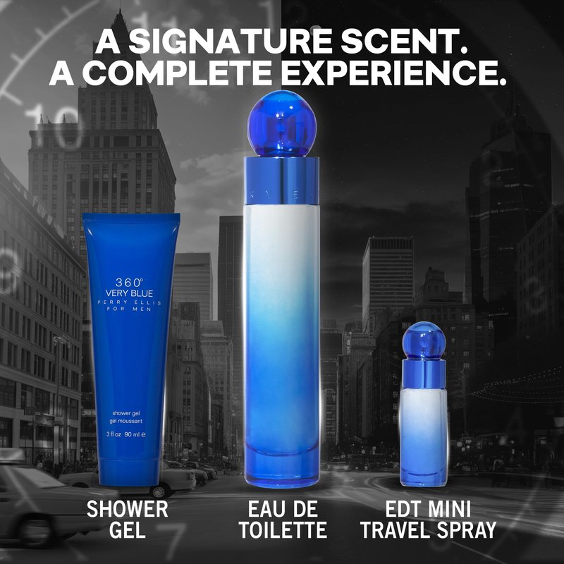 360 Very Blue by Perry Ellis for Men - 3 Pc Gift Set 3.4oz EDT Spray, 0.25oz EDT Spray, 3oz Shower Gel