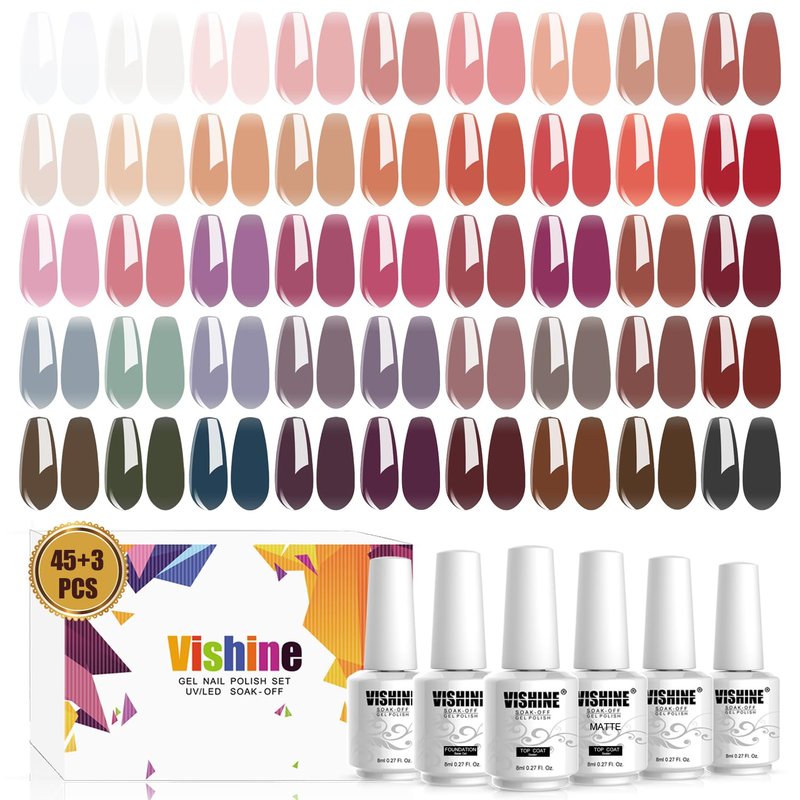 Vishine 48 PCS Jelly Gel Nail Polish Set | 45 Vibrant Colors for Stunning Manicures - Brown & Translucent Shades