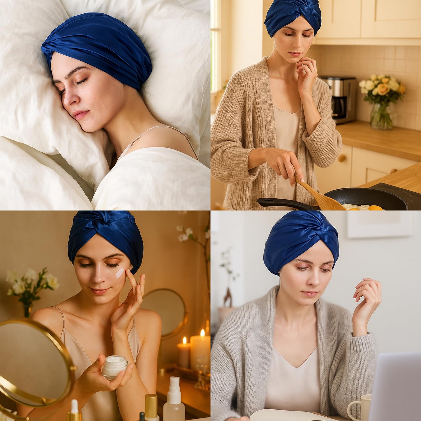 LumeSilk Mulberry Silk Bonnet, Double-Layered Hair Bonnet for Sleeping Women, Pure Silk Turban, Night Sleep Hair Wrap, Navy Blue