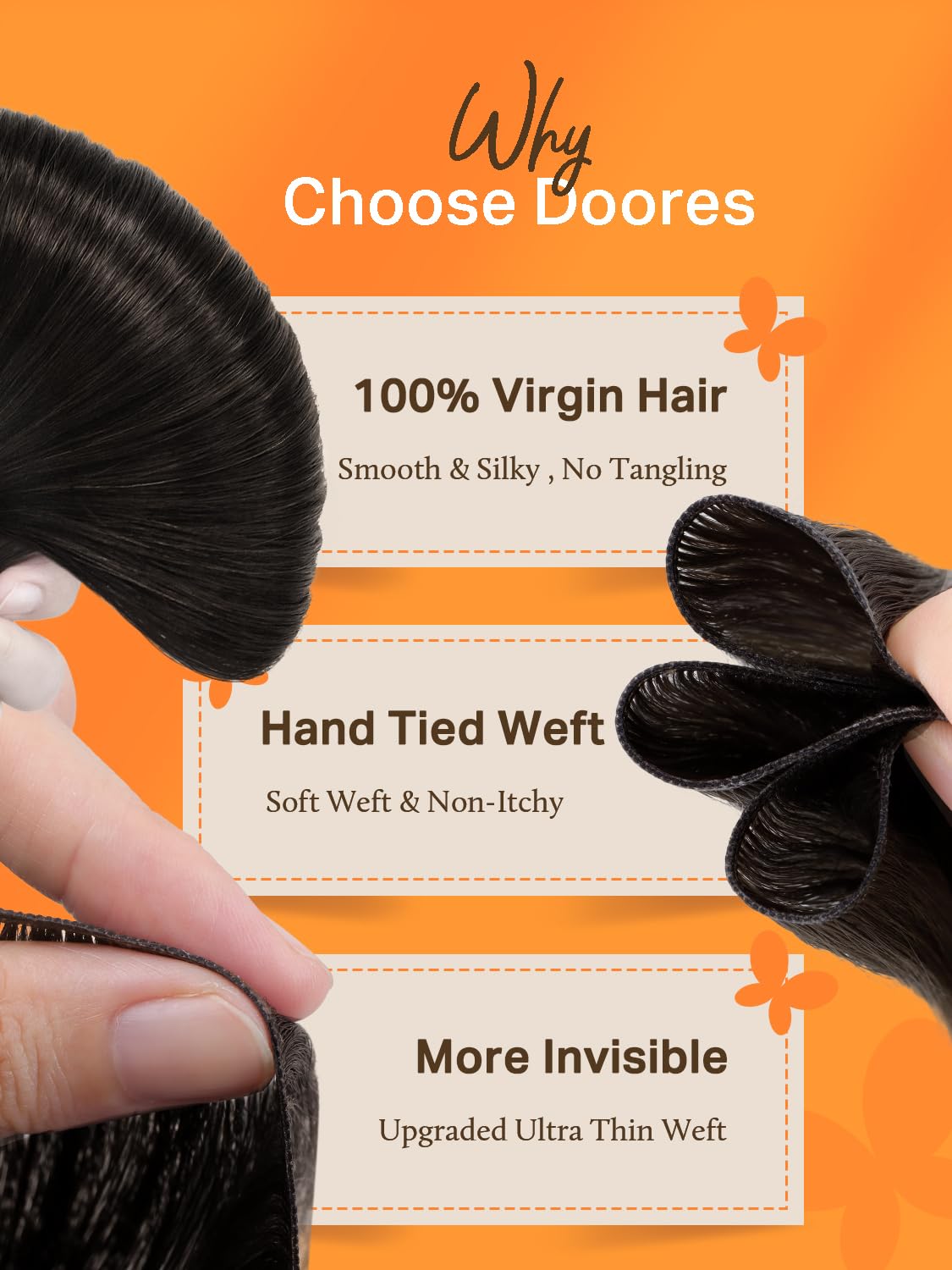 DOORES Genius Sew in Hair Extensions Virgin Hair Bundles, 18 Inch Natural Black 50g, Natural Sew in Weft Extensions