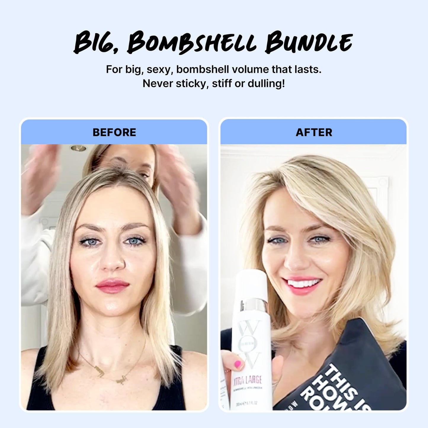 COLOR WOW BIG, Bomshell Bundle - The ultimate volumizing duo for fine, thin, limp hair. RAISE THE ROOT creates all-day lift at the roots while XTRA LARGE adds weightless mass for thick, glossy hair.