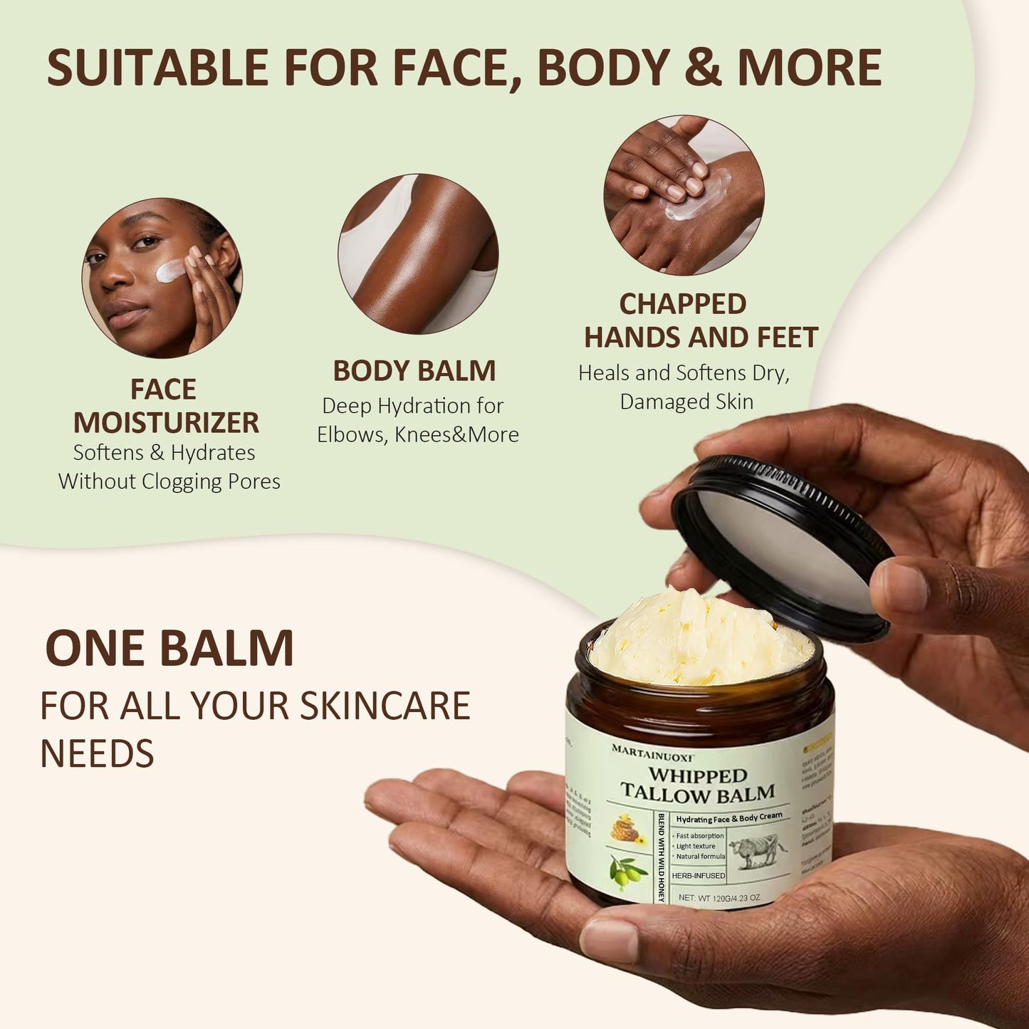 Beef Tallow Face Moisturizer - Tallow and Honey Balm with Orange Blossom, Intensely Hydrating for Dry Skin, Natural Whipped Cream for Face & Body, in Glass Jar, 4.23 oz (120g)