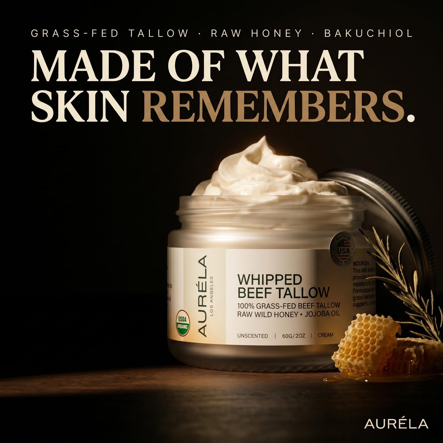 Auréla Organic Beef Tallow With Honey & Jojoba Oil - 100% Grass-Fed Whipped Beef Tallow For Face & Body - Natural & Deeply Nourishing Formula | For Dry & Sensitive Skin - Unscented | 2oz