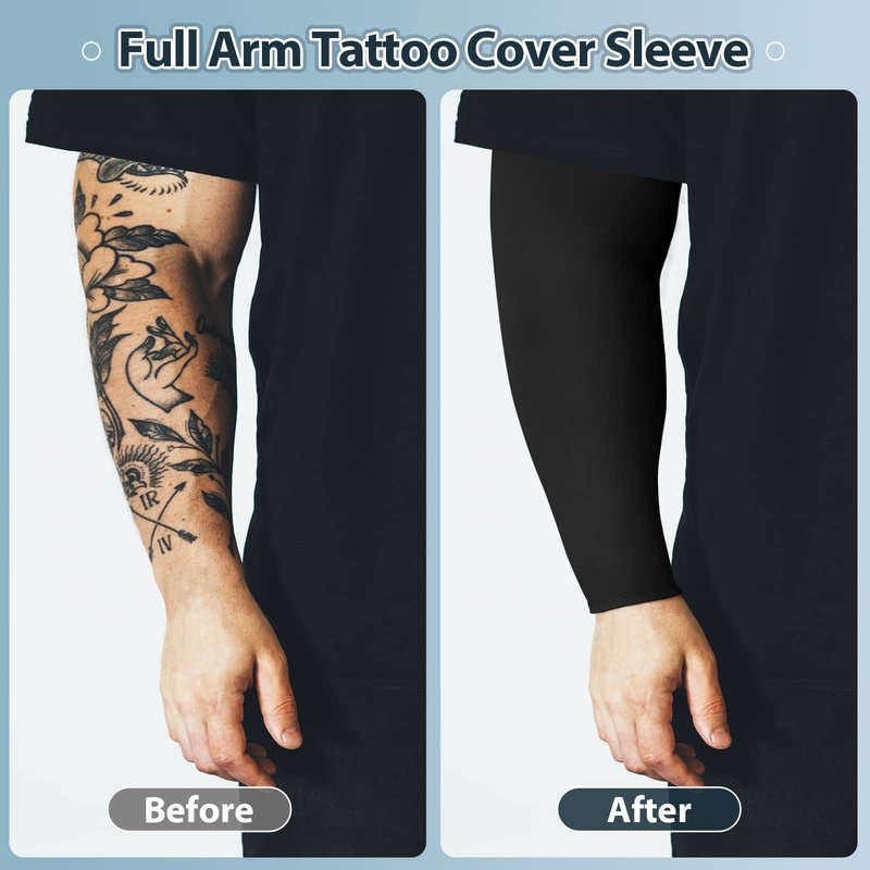 Crowye 8 Pieces Plus Size Full Arm Sleeves Tattoo Cover up Cooling UV Sun Protection Tattoo Arm Sleeve Compression Covers(Black, Beige)