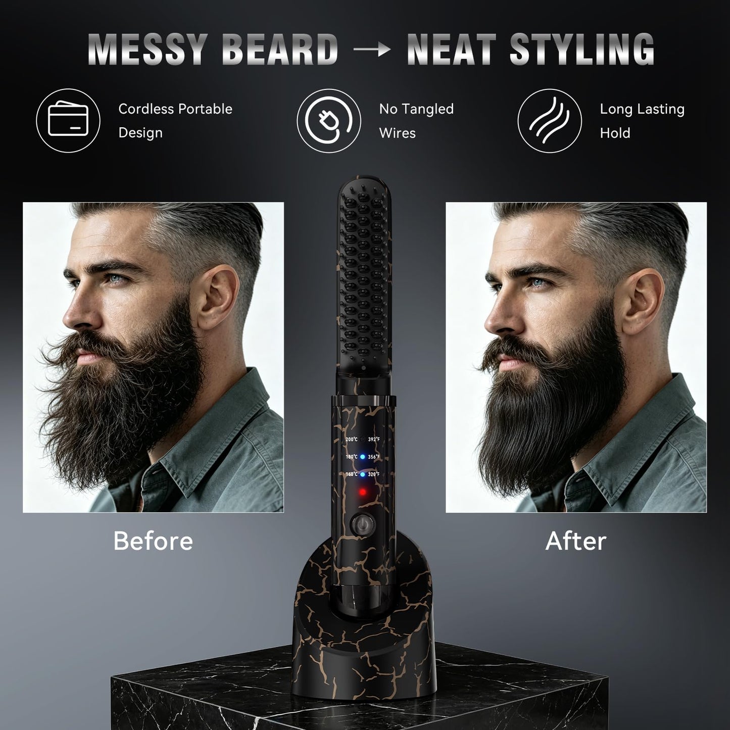 Beard Straightener for Men, Cordless Beard Heated Brush and Hair Straightener Hot Comb with 3 Temp Settings, Anti-Scald, Ionic Technology for Home Travel