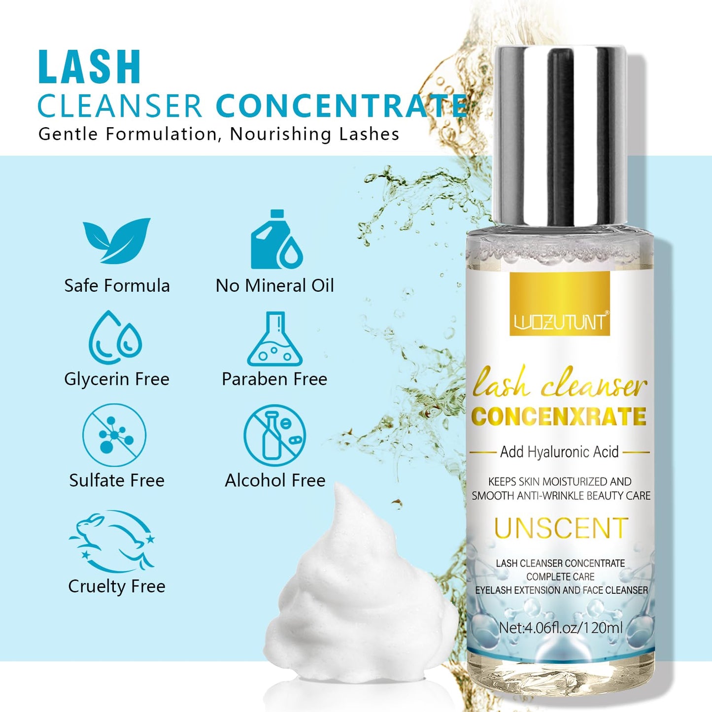 4.06fl oz Lash Shampoo Concentrate for Lash Extensions, Lash Cleanser Concentrate Eyelash Extension Professional Lash Cleanser Kit Natural Foaming