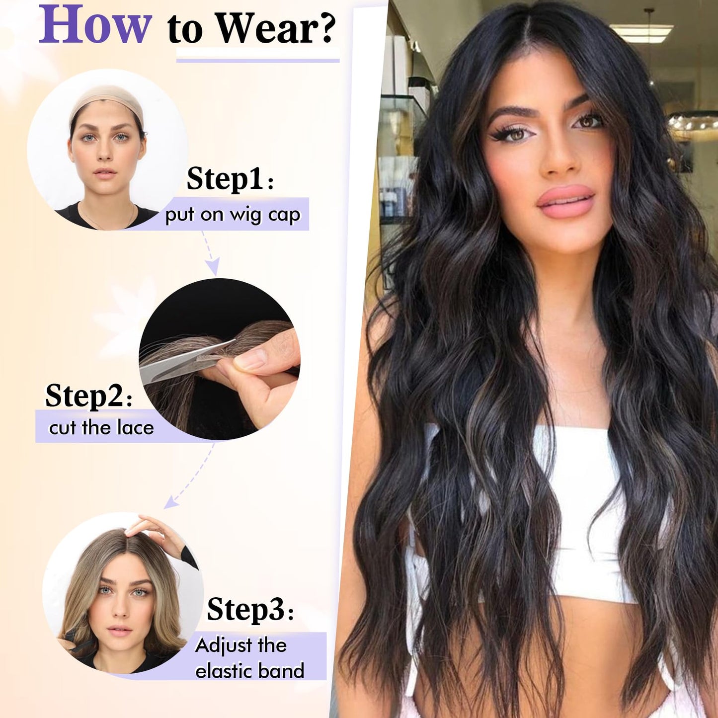 SCENTW Black Wig for Women Hand-Tied Lace Synthetic Lace Front Wig Long Wavy with 4x1 Lace Natural Hairline Middle Part Synthetic wig for Daily Party Beginners