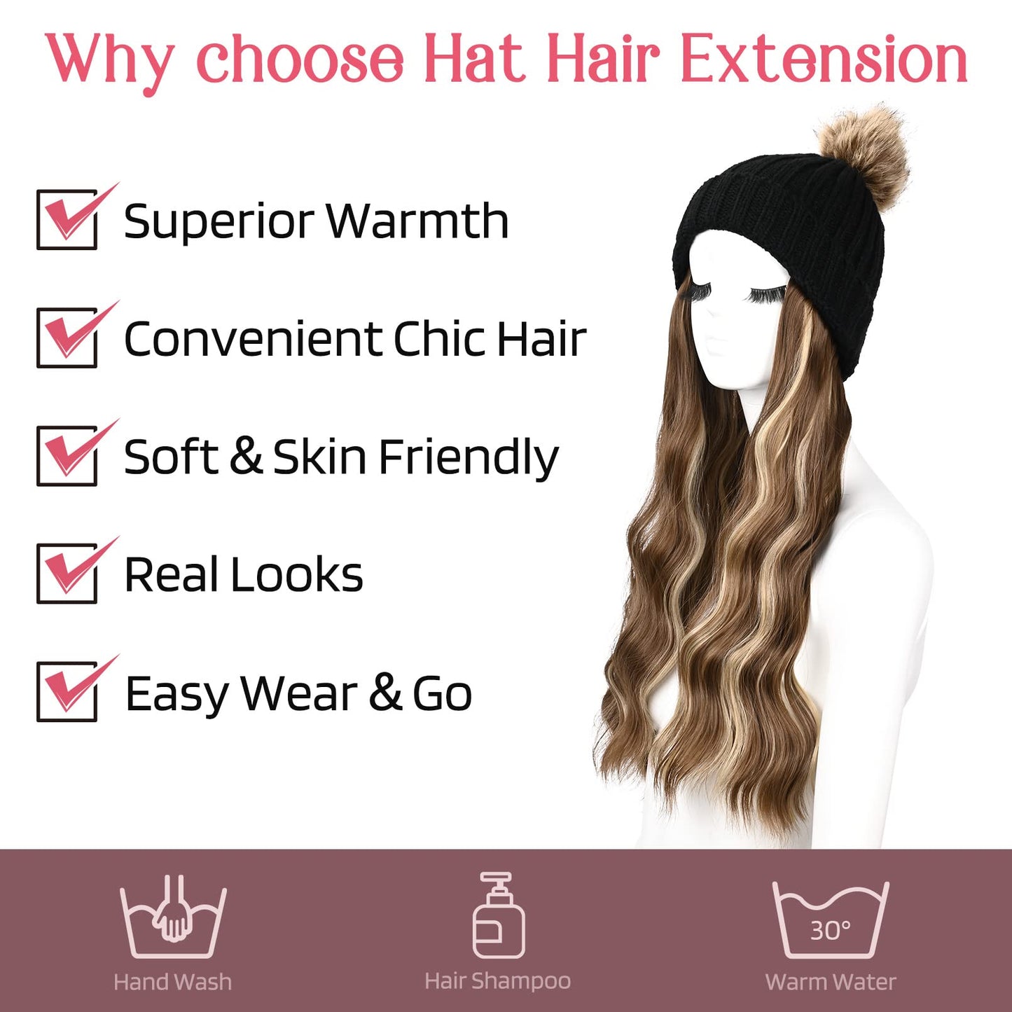 HOOJIH Knitted Beanie Wig, Hat Hair Extension Long Wavy Curly Black Hat Wig with Faux Fur Pom Hat Attached 18 Inch Synthetic Hairpiece for Women Girls Winter - Light Brown with Medium Golden Blonde