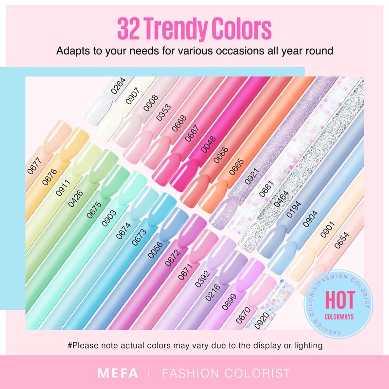 MEFA 32 Colors Gel Nail Polish Kit with U V Light, Spring Gel Nail Kit Pastel Pink Blue Glitter Gel Nail Polish Set with Matte/Glossy Base Top Coat Manicure Tool Nail Art Decorations Gift