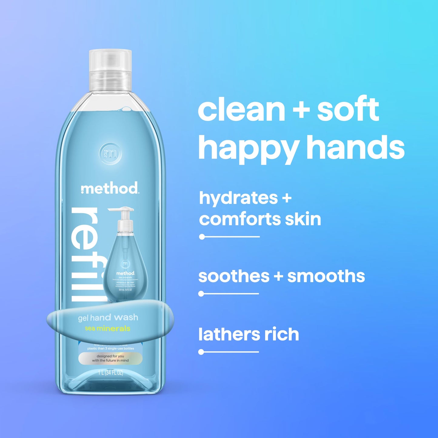 method Gel Hand Wash Refill, Sea Minerals- Refills Up to 3X, Made Without Parabens, Notes of Bergamot, Lemon & Rosemary, 34 fl oz, 4 pack