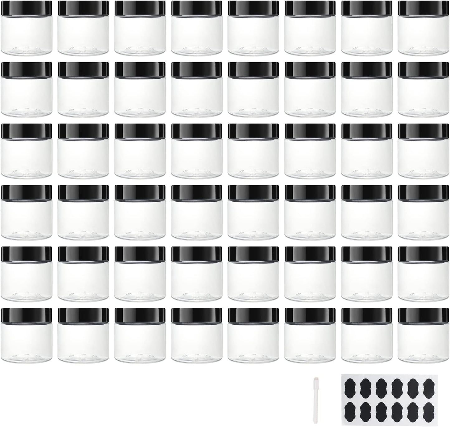 Clear Plastic Slime Jars - 48 Pack 2 OZ (55ml) Containers with Lids & Labels | Ideal for Cosmetics, Makeup, Organization