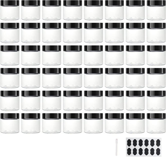 Clear Plastic Slime Jars - 48 Pack 2 OZ (55ml) Containers with Lids & Labels | Ideal for Cosmetics, Makeup, Organization