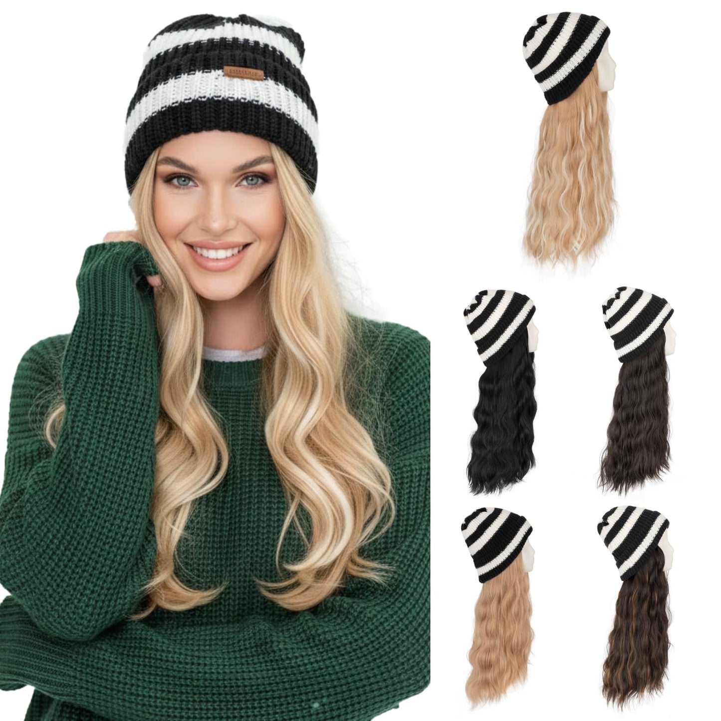 SEGOHAIR Beanie Wig with Hair, 18 Inch Synthetic Hair Extensions in Wavy Styles, Knitted Winter Hat in Black/White Stripes with Attached Hairpiece for Women, #18P613 Ash Blonde Mix Bleach Blonde