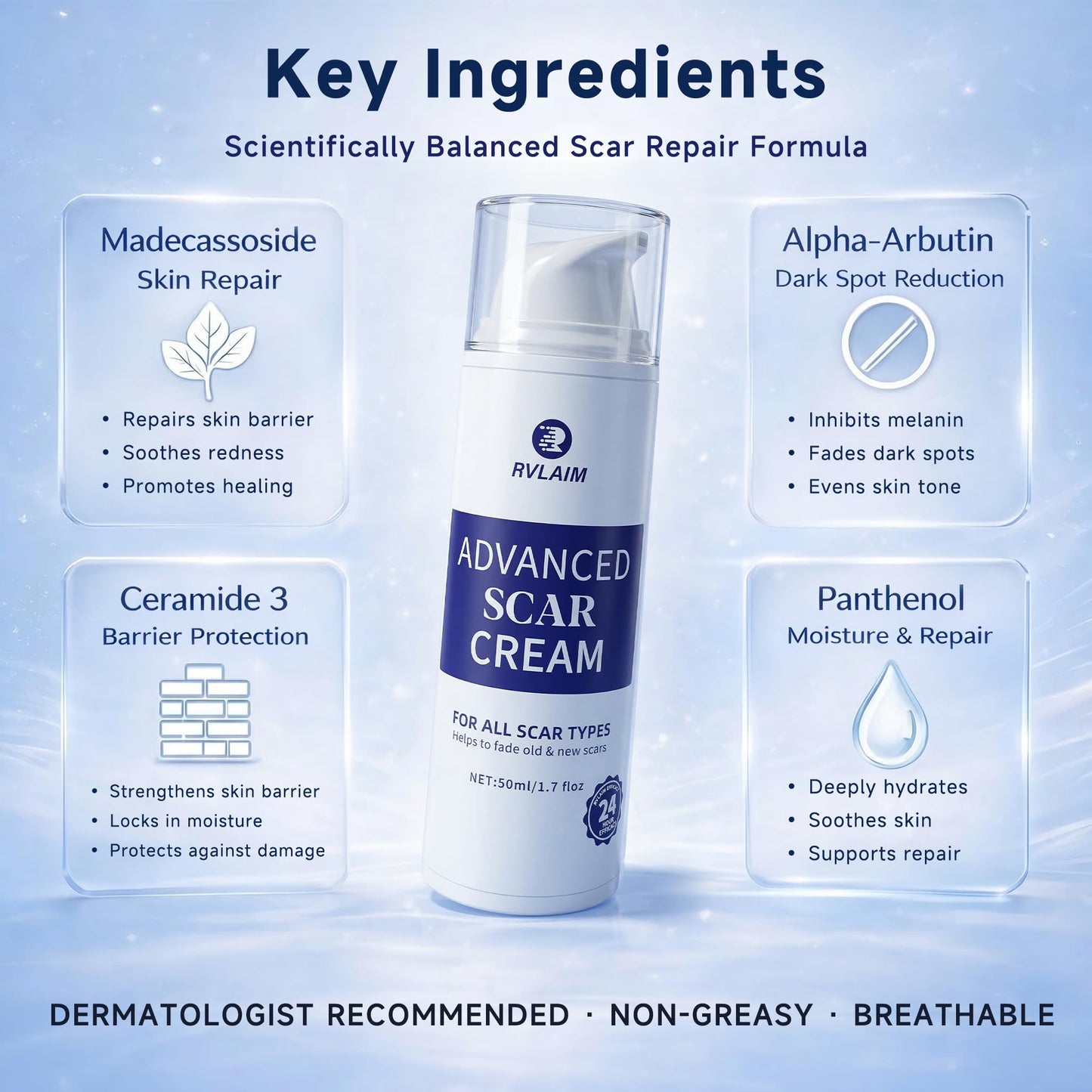 Rvlaim Silicone Scar Cream, Advanced Scar Removal Gel for Old & New Scars, Improves Color & Texture for Post-Surgery, C-Section & Acne Scars, Fast-Drying Non-Greasy Formula, 1.7 fl oz