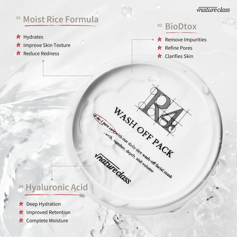 NATURECLASS R4 Rice Wash Off Facial Mask – 4-in-1 Korean Skin Care, Pore Refining, Gentle Exfoliating, Hydrating, Smooth Texture, Rice Ferment & Enzyme, Soft Cream Wash-Off, 3.38 fl oz