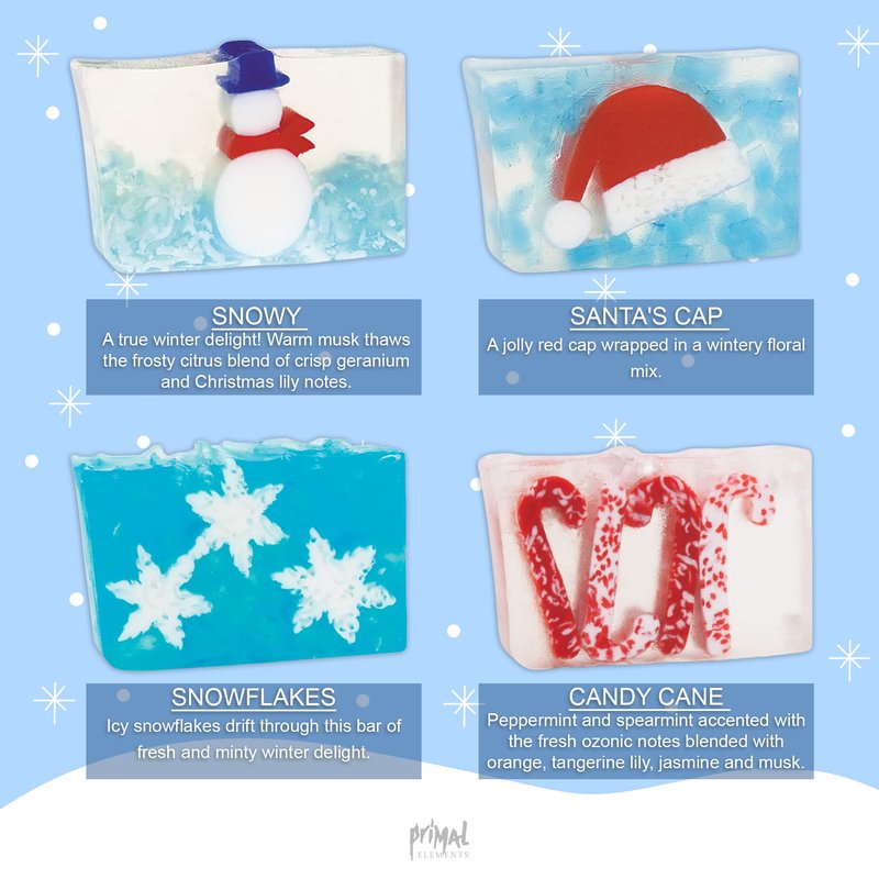 Primal Elements Assorted Variety Soap Bar Holiday Bundle, Glycerin Soap, Moisturizing for Hands, Face, and Body, Gift for Him/Her, Fun Stocking Stuffer, Christmas Favorites - Pack of 8
