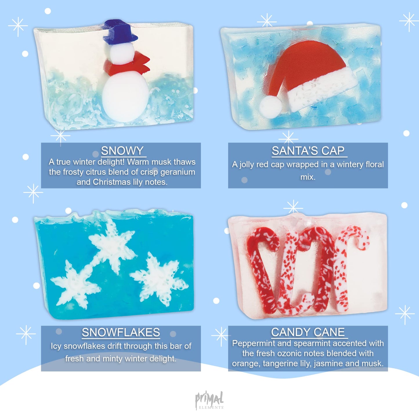 Primal Elements Assorted Variety Soap Bar Holiday Bundle, Glycerin Soap, Moisturizing for Hands, Face, and Body, Gift for Him/Her, Fun Stocking Stuffer, Christmas Favorites - Pack of 8