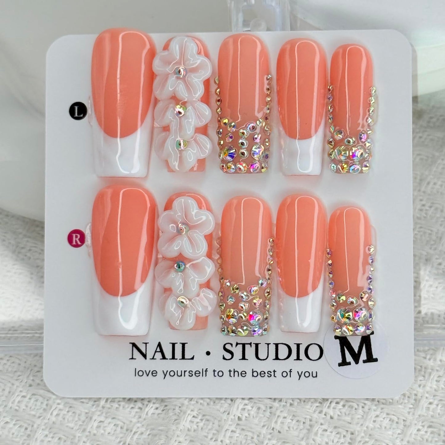 Handmade Press-On Nails | Medium Square White French Nails with Rhinestones & 3D Flowers - Full Cover Manicure Art (Size M)