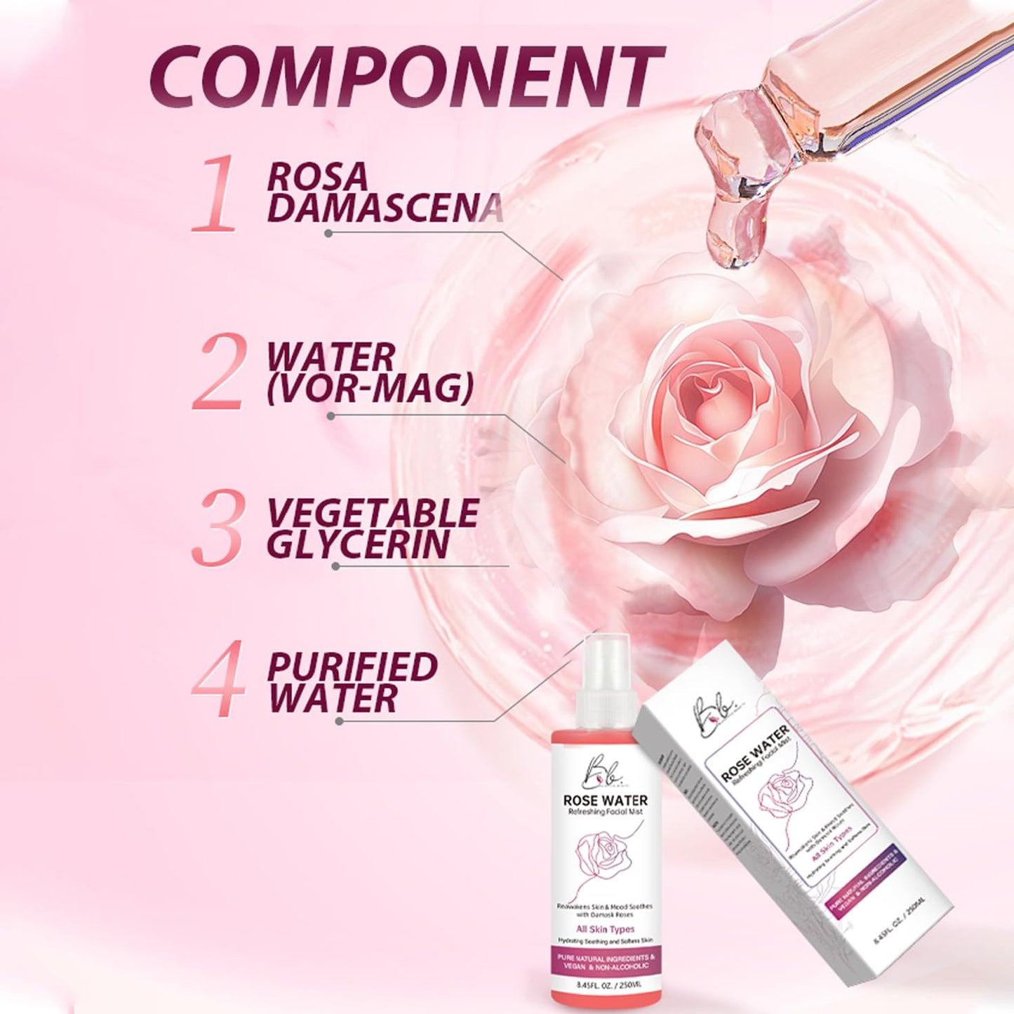 Blusheva Beauty Rosewater Refreshing Facial Mist Hydrating, Soothing & Softening Spray with Damask Roses & Glycerin Pure Natural Ingredients, Vegan, Alcohol-Free, All Skin Types, 8.45 fl oz