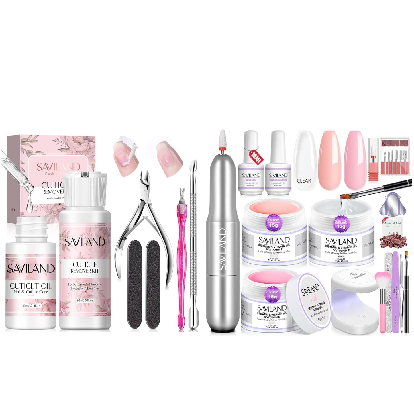 SAVILAND Builder Nail Gel Set with Nail Drill Cuticle Remover Cuticle Oil – 3 Pcs Hard Gel(VE&VB5&Kerain) Clear Pink Nudes Builder Nail Gel with Lamp Nail Strengthener Gel for Nail Extension